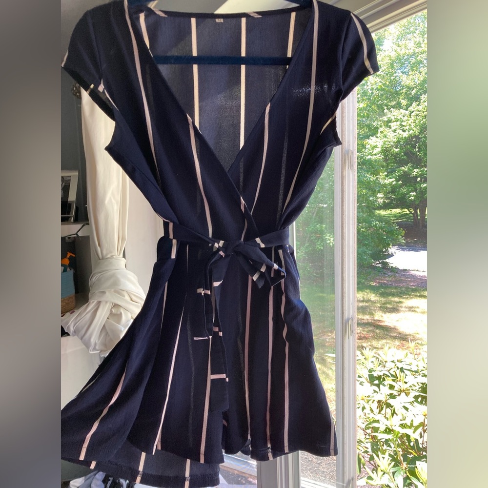 Navy blue and white striped romper with tie size M